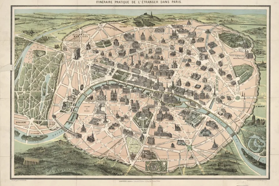 Map of Haussmann's redesign of Paris in the 1850s through 1870s under Napoleon III.